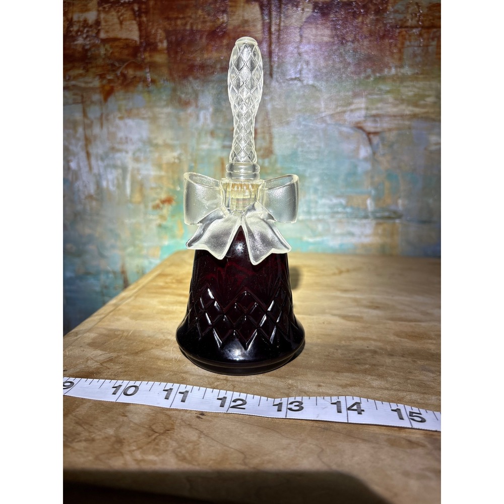 Avon Vintage Ruby Red Glass Bell Perfume Bottle Frosted Bow Diamond Cut 5 Inch